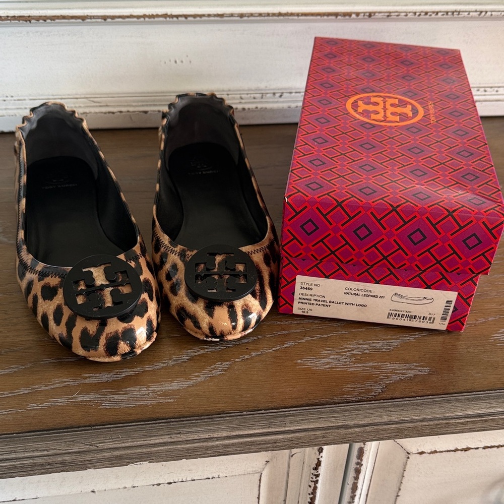 Tory Burch Leopard-Print Reva Ballet Flats with Black Logo